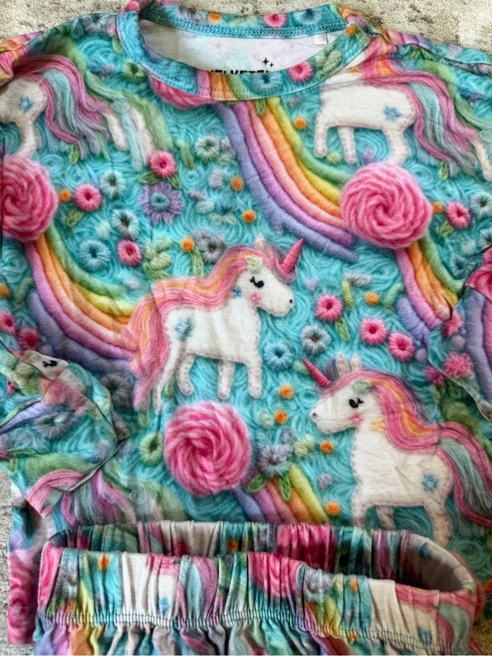 6-12 months Velveteen Bunny Knots Unicorn Print Pajama Set - Pink & Teal